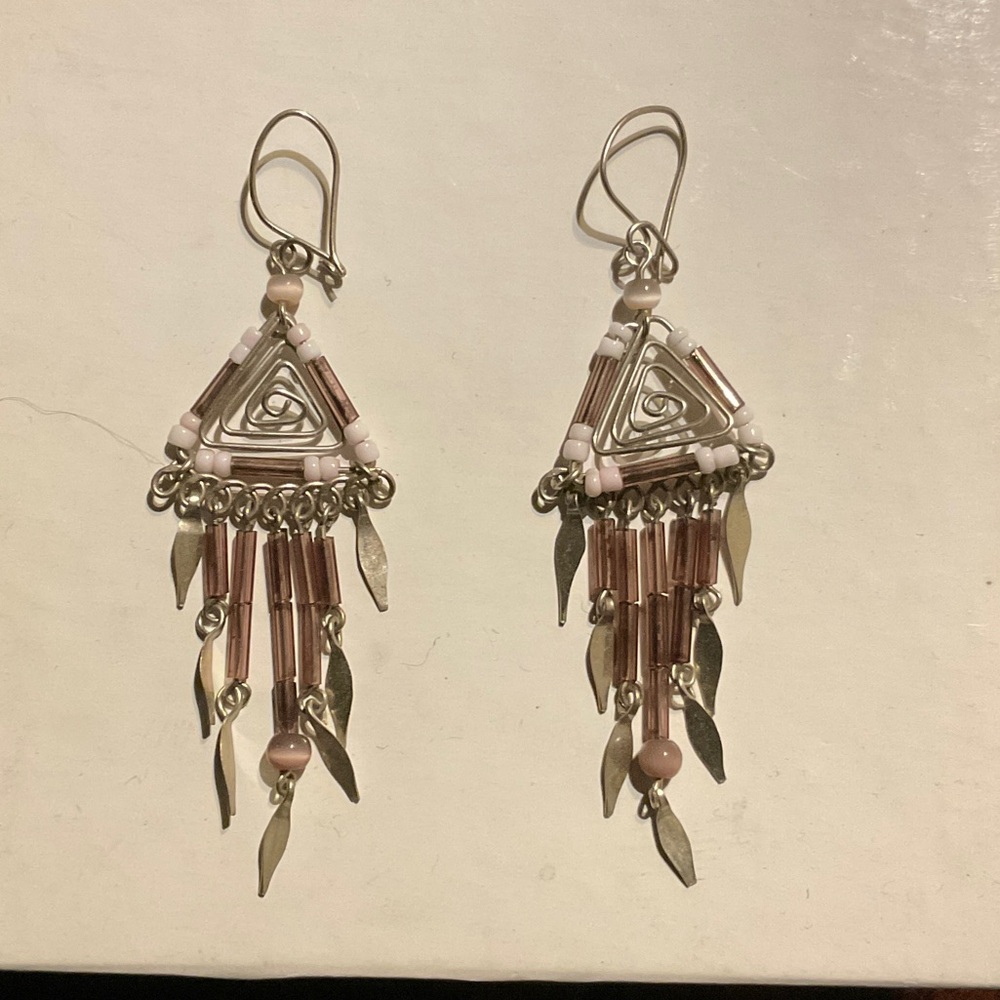 Artisan Silver and Pink Triangle Dangle Earrings